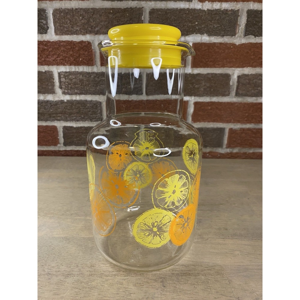 Vintage PYREX 2 Qt Glass Cold Lemonade Pitcher Carafe Lid Citrus Slices 3520